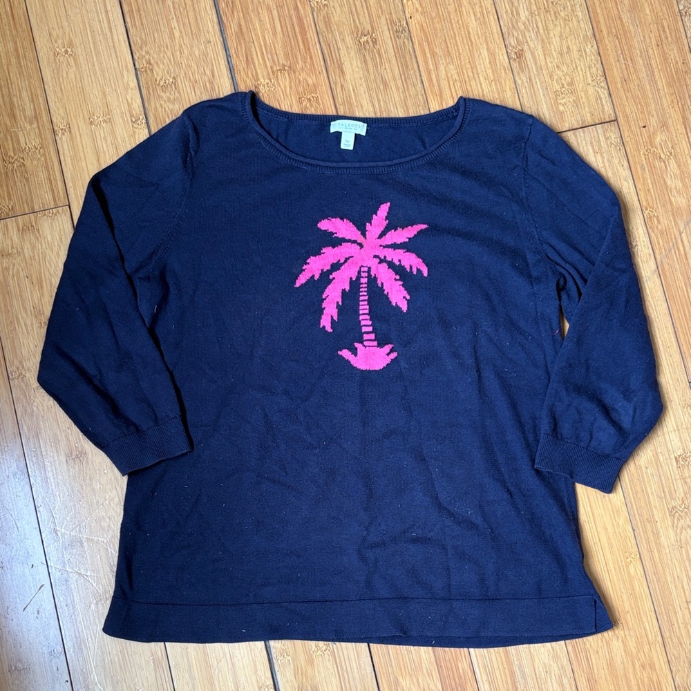 Navy and Hot Pink Palm Tree Sweater - S
